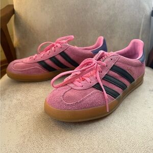 Pink Adidas Sambas Sneakers with purple Stripes